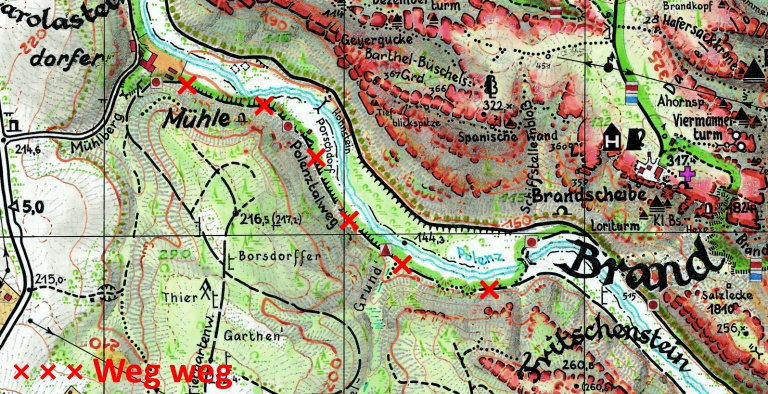 Karte Brand-Hohnstein von 2004. Man erkennt eine abgerutschte Stelle.