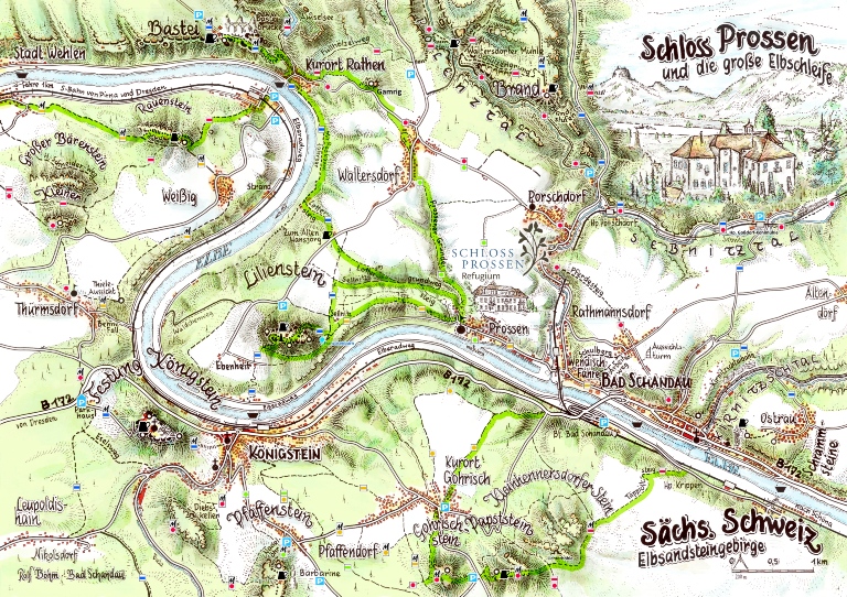 Karte Prossen, Karte mit Wanderwegebändern